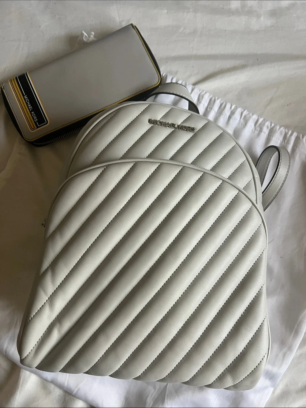 Michael Kors White Quilted Leather Backpack with Matching White Zip Wallet